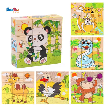 6 Side Painting Forest Animals Cube Block 3D Wooden Puzzle